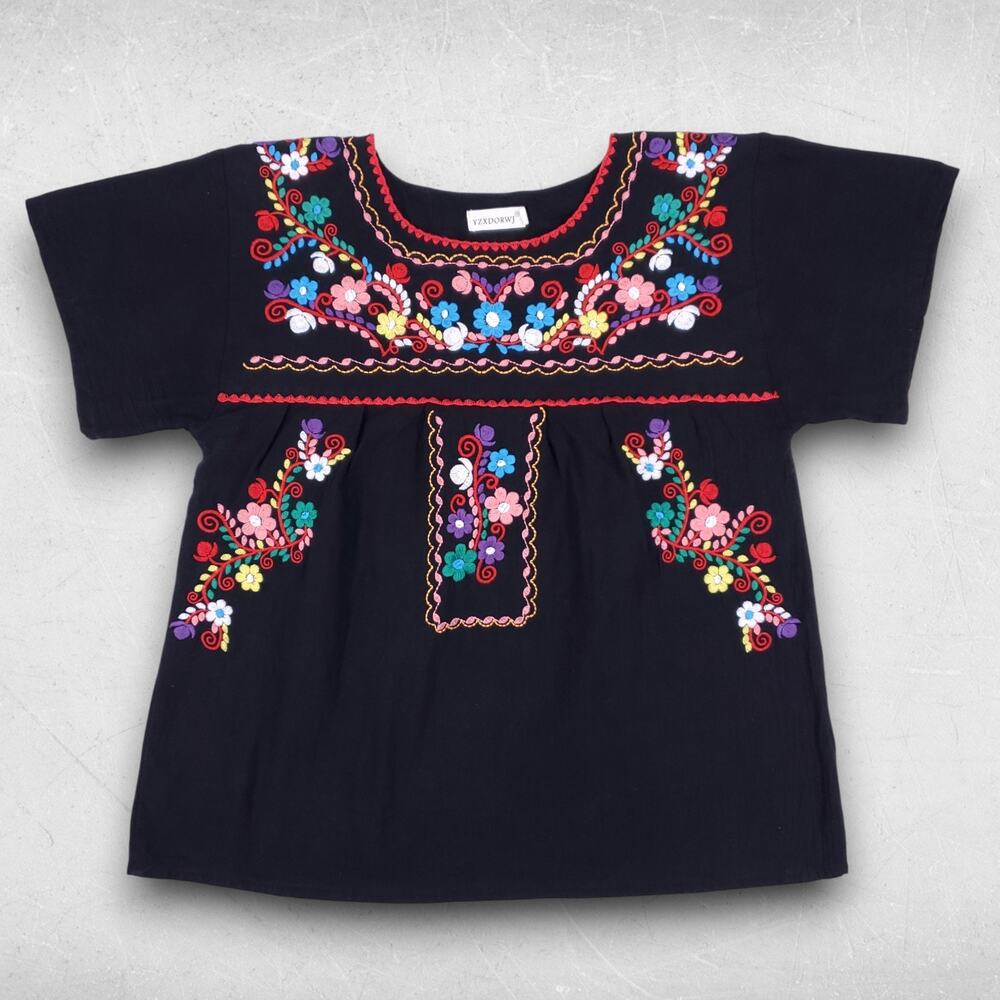 YZXDORWJ Top Women M Black Floral Embroidered‎ Round Neck Boho Coquette Peasant